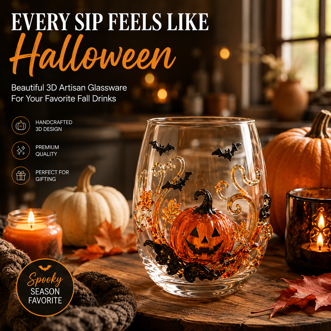 🎃👻 3D Halloween Glassware – Artisan Design, Luminous Glow, Perfect for Fall & Festive Sips