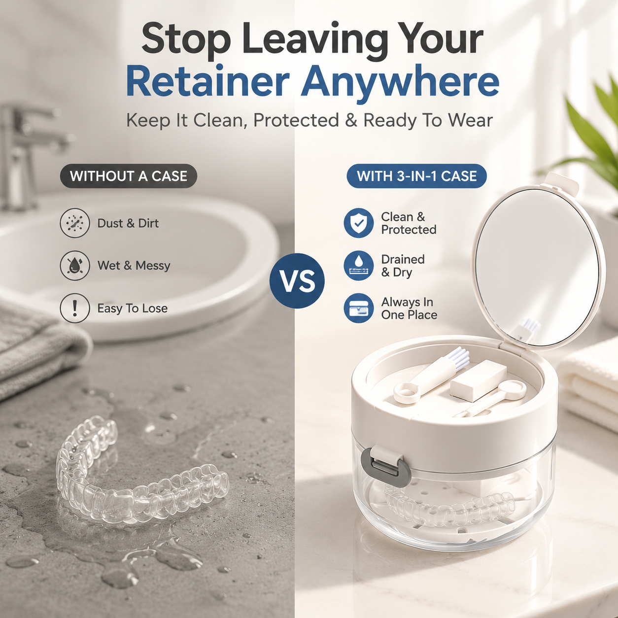 Retainer Cleaner Case with Mirror, Brush & Drain Tray