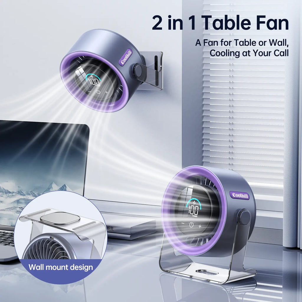 Coolhill Desktop Fan Turbo Table Fan Travel Vacation Essentials for Office 100-Speed Digital Display Low Noise Rechargeable Battery Dual Adjustment Modes Quiet Cooling Quiet Desk Fan Portable