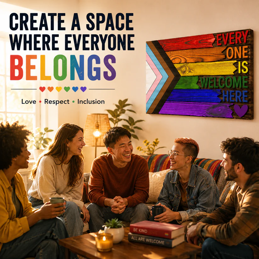 Everyone Is Welcome Here™ | Handmade 3D Progress Pride Flag Wood Sign