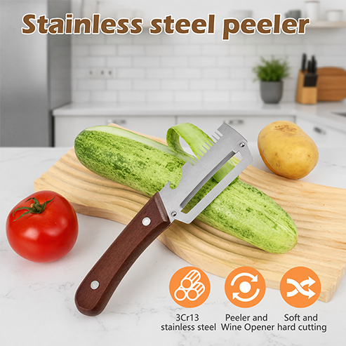🔪Wooden-Handled Stainless Steel Sharp Peeler with Built-In Bottle Opener