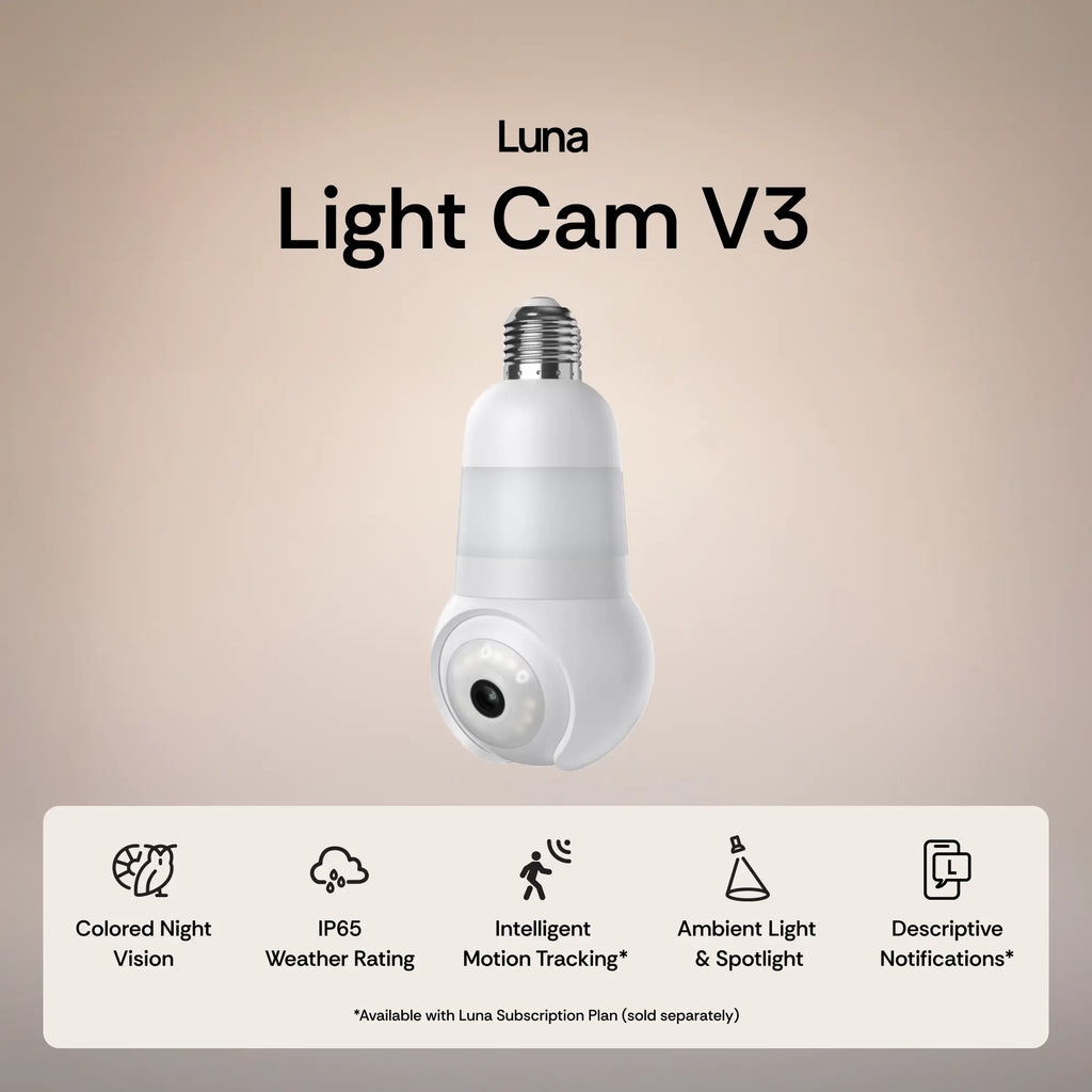 Luna Light Bulb Security Cam -2K 2.4GHz/5GHz WiFi, Indoor Outdoor Surveillance Monitoring Camera for Home, 360° Pan/Tilt, Color Night Vision, Built-In LED & Spotlight, Easy Installation