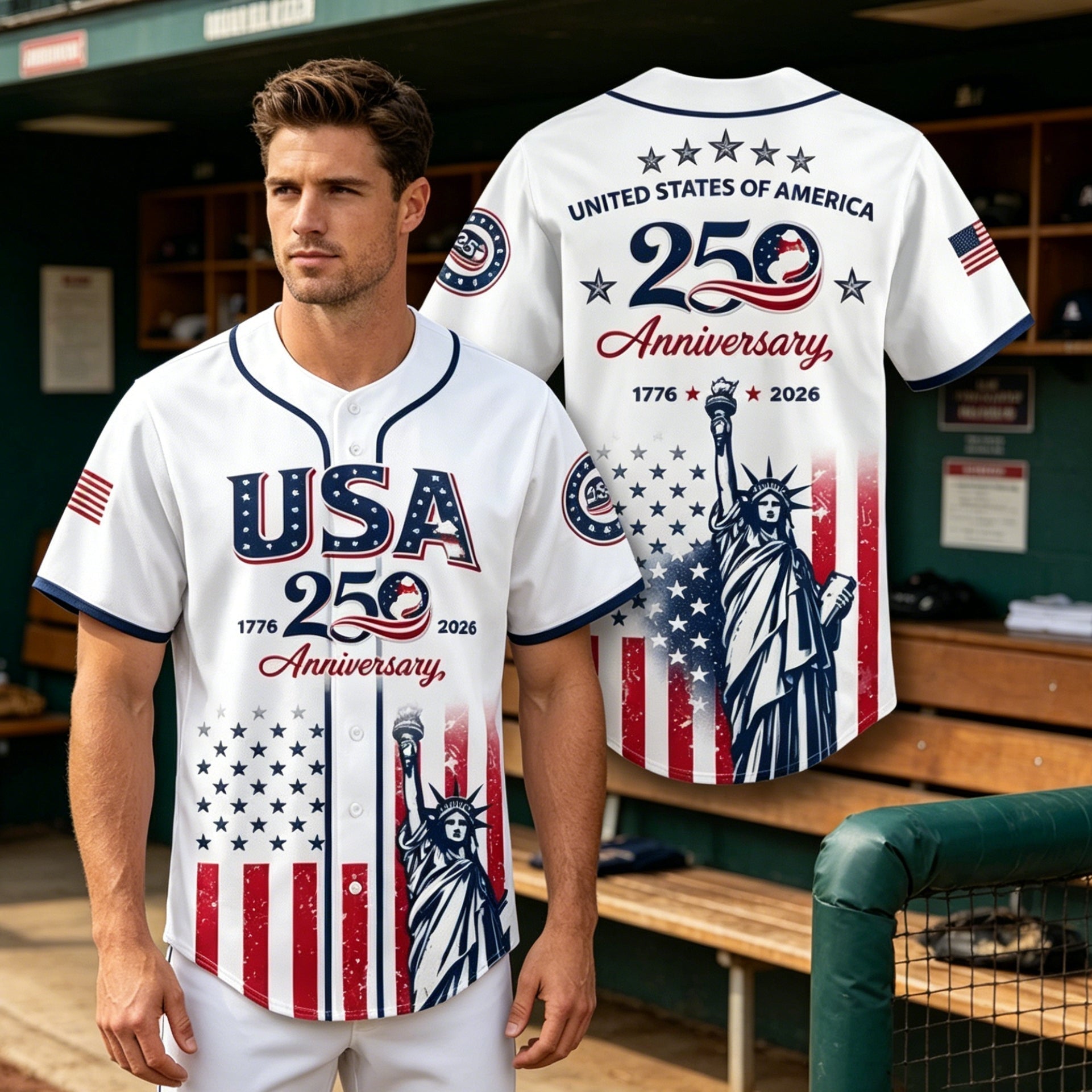 🗽 USA 250th Anniversary Baseball Jersey – Patriotic Statue of Liberty Print, 4th of July Outfit