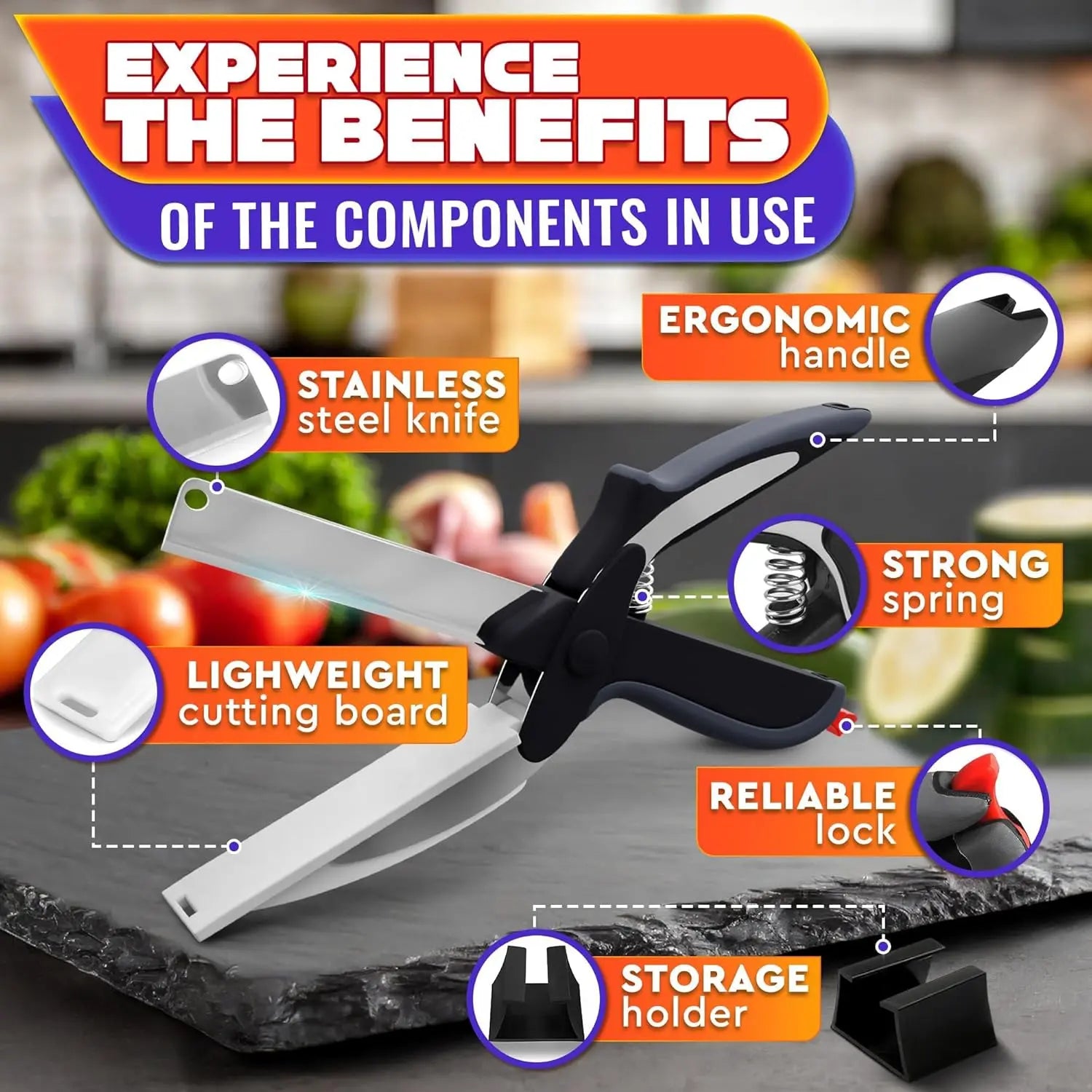 ✂2 in 1 Kitchen Scissors– Stainless Steel Blade & Plastic Cutting Board Scissors