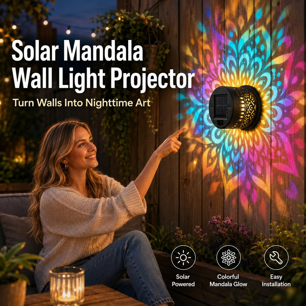 Solar Mandala Wall Light Outdoor Garden Fence Projector Lamp Patio Ambient Decor