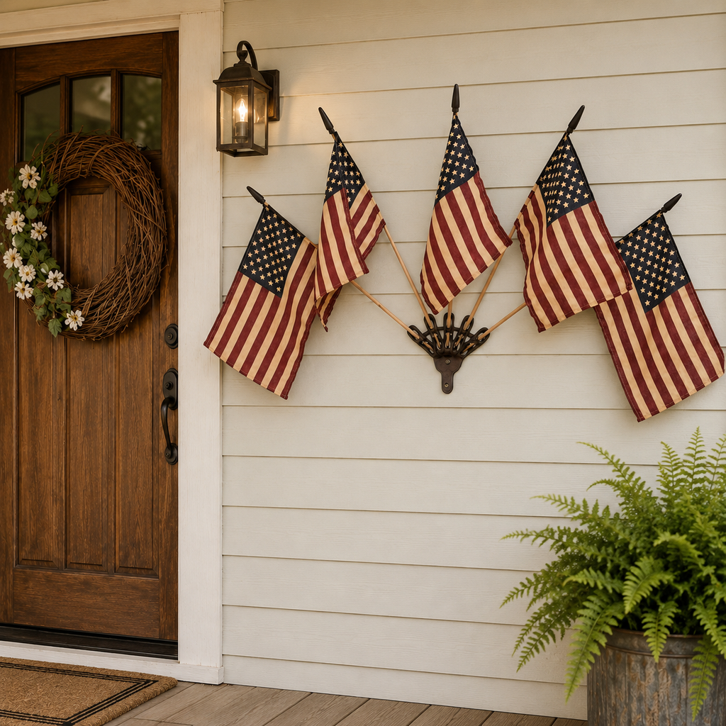 Five Tea-Stained Flags In A Rustic Cast Iron Wall Display
