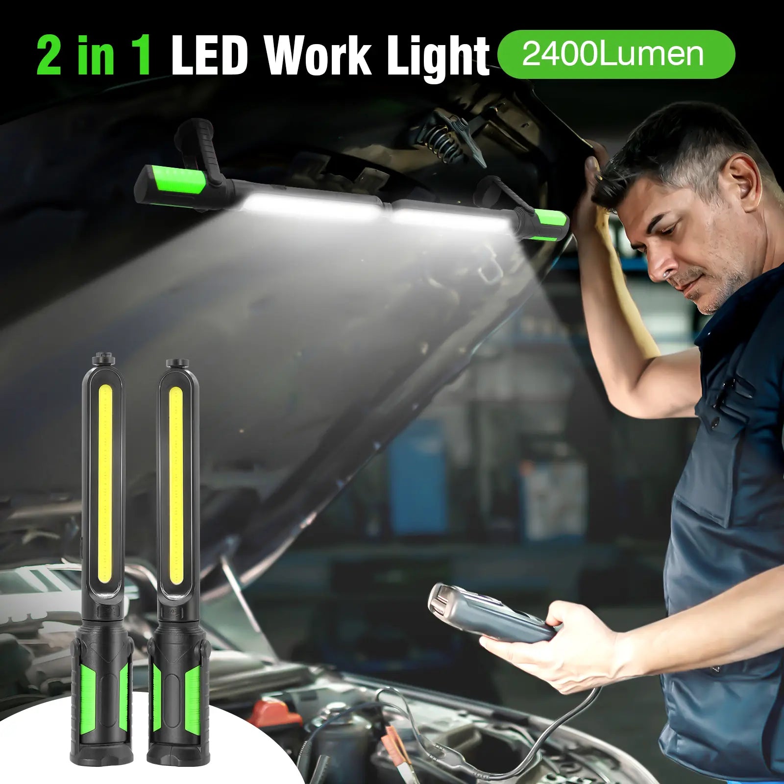 【FathersDayGift】Linkax Rechargeable 2400LM USB Work Light Bar for Mechanics, 4400mAh Battery, Hooks & Magnetic Attachment, LED Car Lights, Vehicle Accessories for Car & Garage Repair Tools