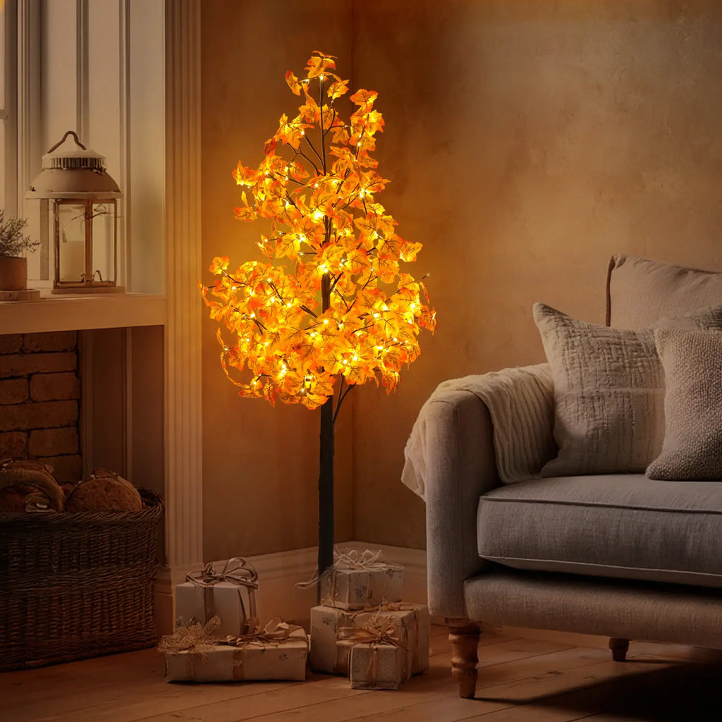 6FT LED Artificial Maple Tree, 160 Warm White Lights Fall Decor Tree with Orange Leaves, Knock-Down Lighted Maple Tree for Thanksgiving Halloween Indoor Outdoor Autumn Home Decor