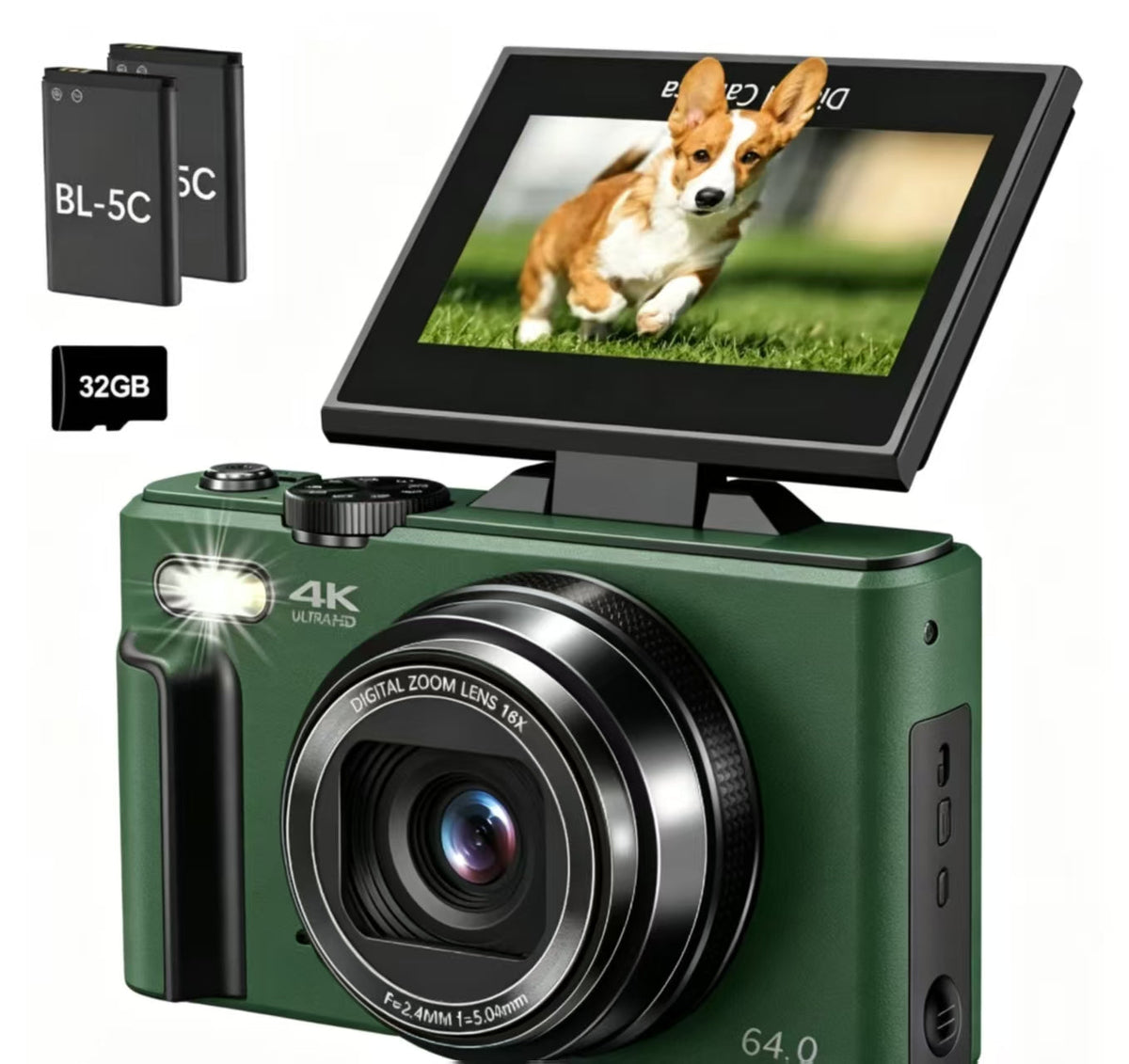 WIKICO WD08 4K Digital Camera, 64MP Vlogging Camera with 180° Flip Screen, 18X Digital Zoom, Compact Point and Shoot Camera, Portable Mini Camera for Teens, Beginners, Gift, 4 Colors Black/White/Green/Brown