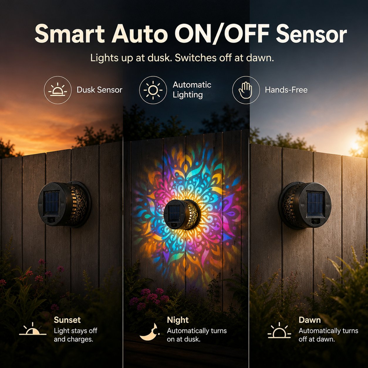 🌙Solar Mandala Wall Light Outdoor Garden Fence Projector Lamp Patio Ambient Decor