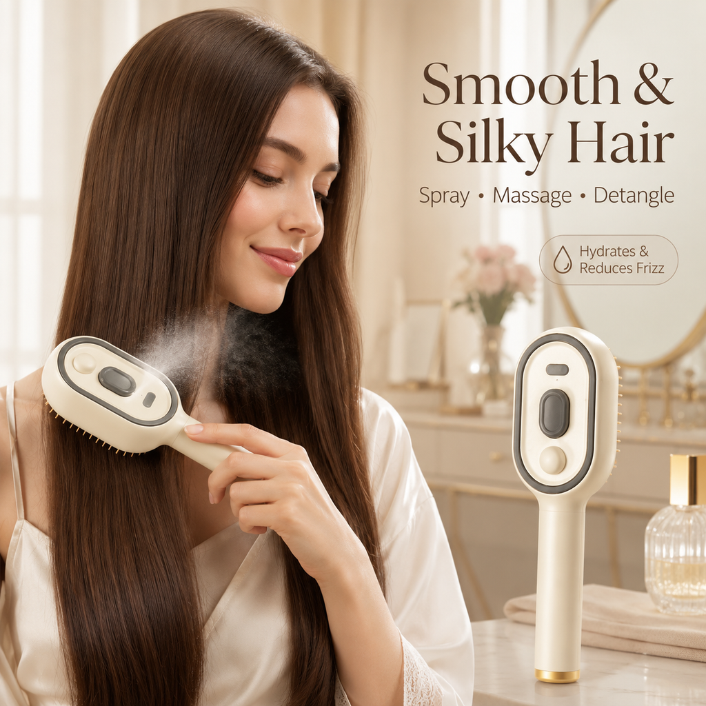 💆‍♀️ 3-in-1 Spray Comb – Mist + Massage + Red Light, Anti-Frizz, Detangling
