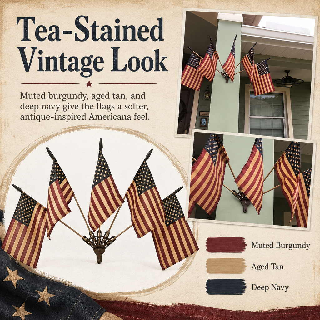 Five Tea-Stained Flags In A Rustic Cast Iron Wall Display