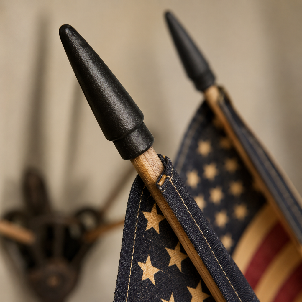 Five Tea-Stained Flags In A Rustic Cast Iron Wall Display