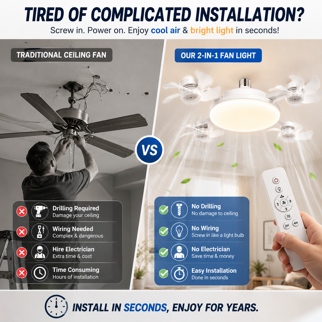 🏠2026 New E27 Socket Ceiling Fan Light - 2-in-1 Silent LED Fan with Remote Control, Energy-Saving Cooling & Lighting Combo for Home Bedroom