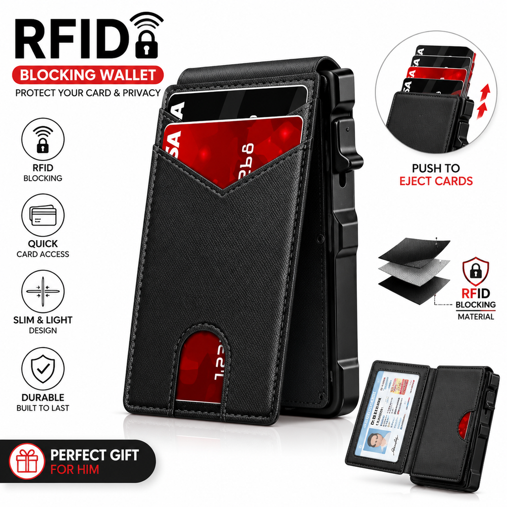 🔥RFID Blocking Minimalist Pop-Up Wallet | One-Second Card Eject Design & Ultra Slim Pocket Wallet