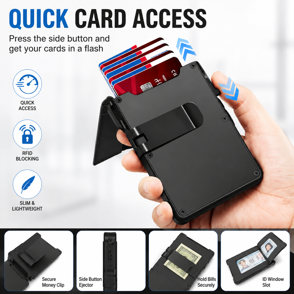 🎁Wallet for Men- Pop Up Case, Cash Slot, and Credit Card Slot - Aluminum Wallet with RFID Blocking, Minimalist Leather Wallet Front Pocket with ID Window