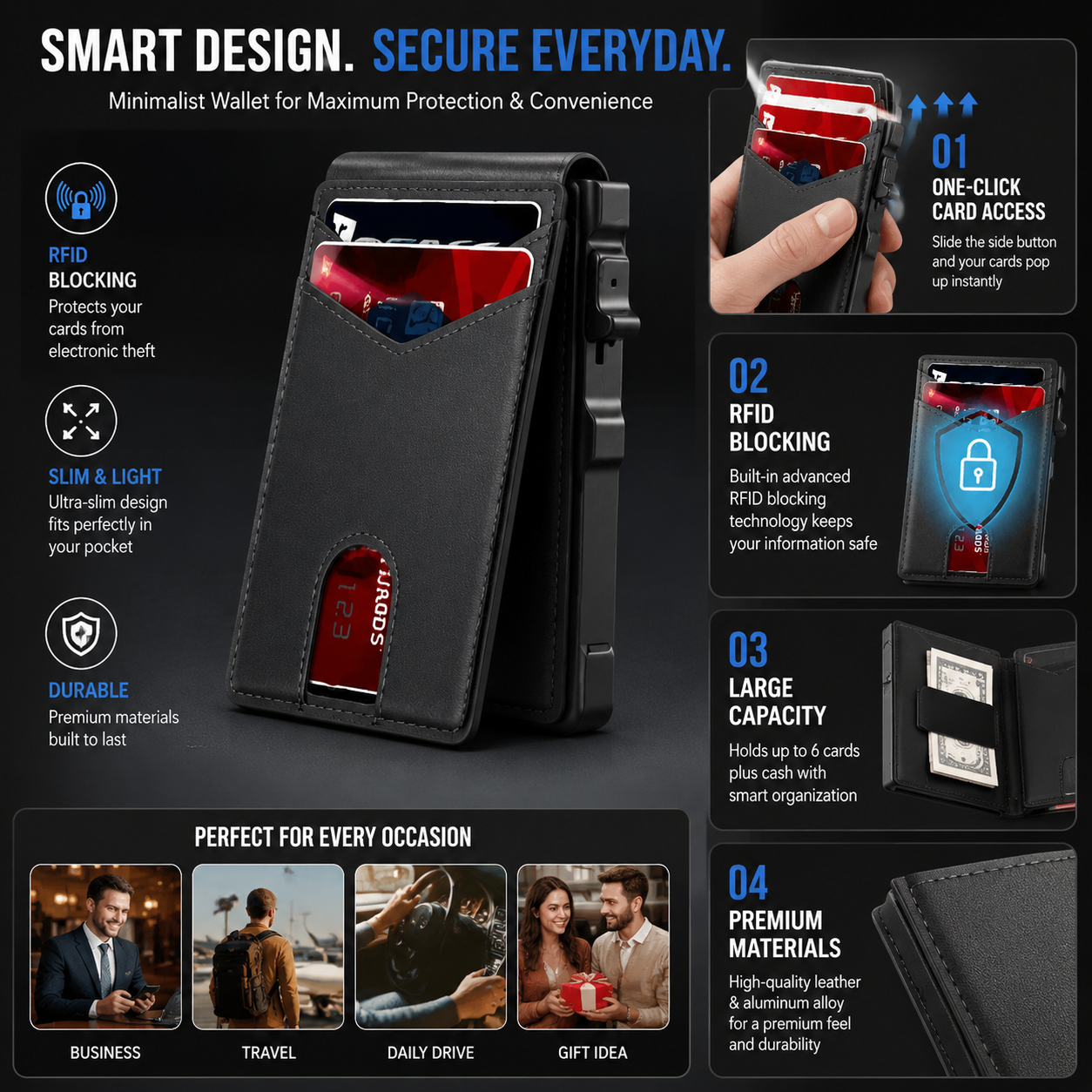 ⚡RFID Blocking Minimalist Pop-Up Wallet | One-Second Card Eject Design & Ultra Slim Pocket Wallet