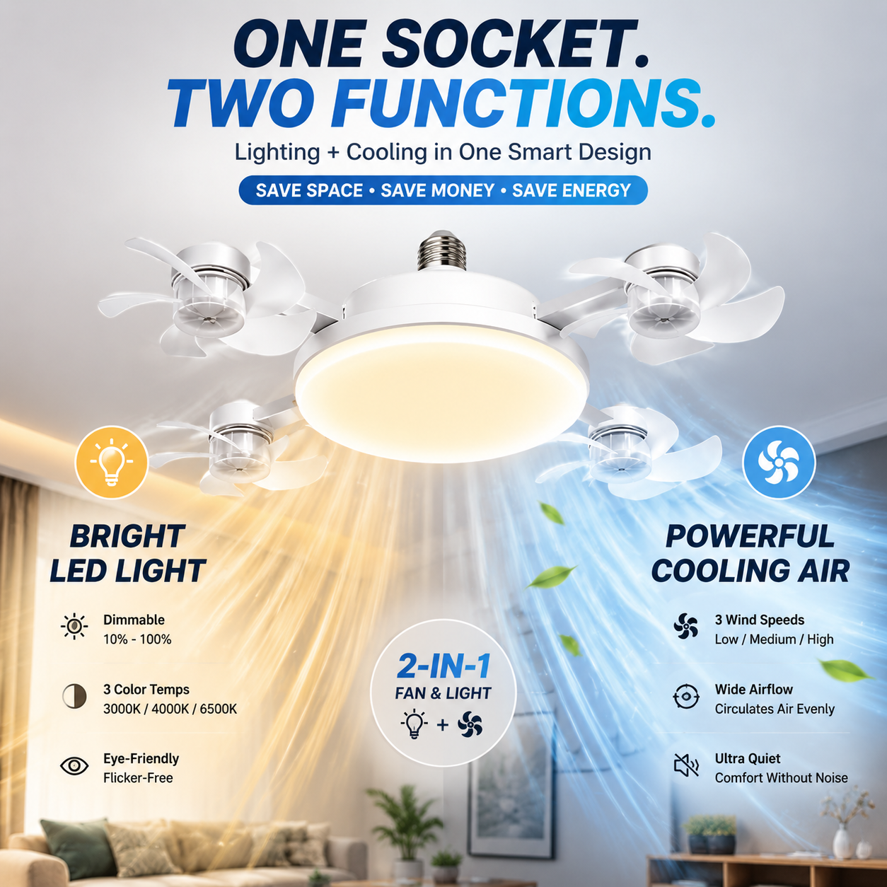 2026 New E27 Socket Ceiling Fan Light - 2-in-1 Silent LED Fan with Remote Control, Energy-Saving Cooling & Lighting Combo for Home Bedroom
