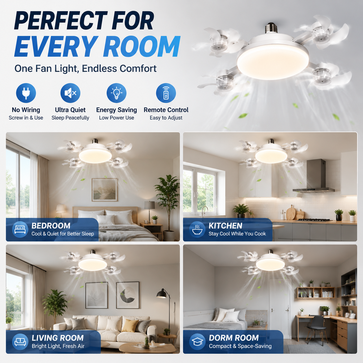 💡2026 New E27 Socket Ceiling Fan Light - 2-in-1 Silent LED Fan with Remote Control, Energy-Saving Cooling & Lighting Combo for Home Bedroom