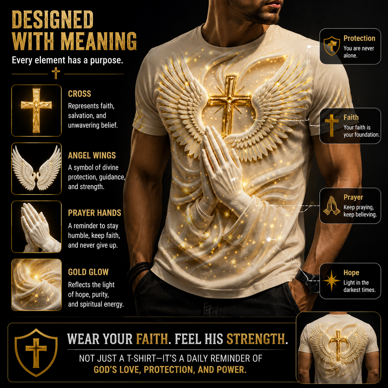 ✝️ Angel Wings Prayer Cross T-Shirt – Faith Inspired 3D Spiritual Graphic Tee for Men