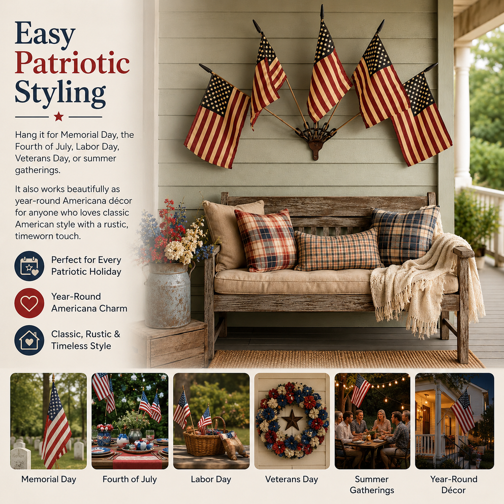 Five Tea-Stained Flags In A Rustic Cast Iron Wall Display