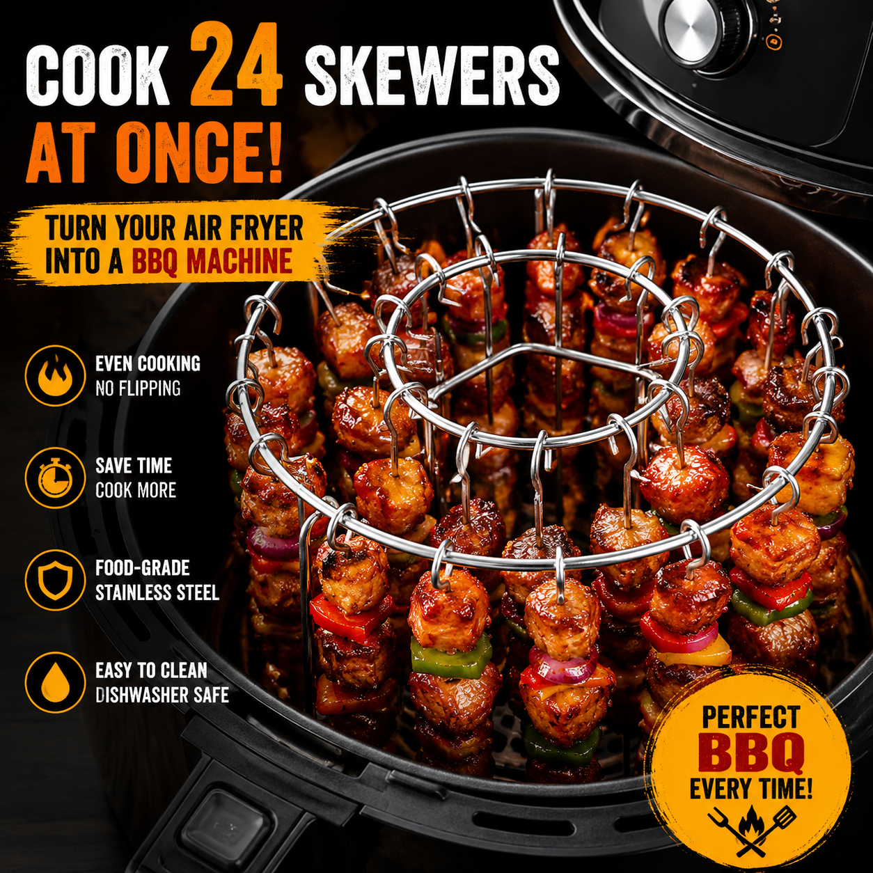 🍢 Cook 24 Skewers at Once – No Flipping, No Mess, No Effort
