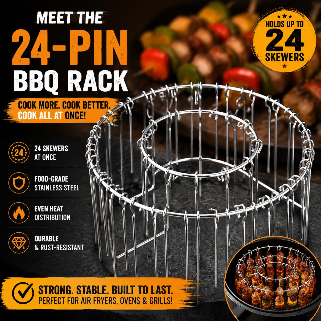 🍢 Cook 24 Skewers at Once – No Flipping, No Mess, No Effort