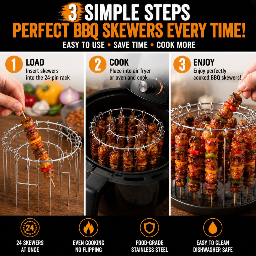 🍢 Cook 24 Skewers at Once – No Flipping, No Mess, No Effort