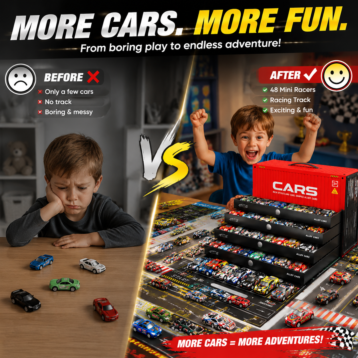 🚗 48PCS Pull-Back Alloy Racing Car Set | 4-Layer Garage Storage & Racing Track Play Mat 🎁（副本）