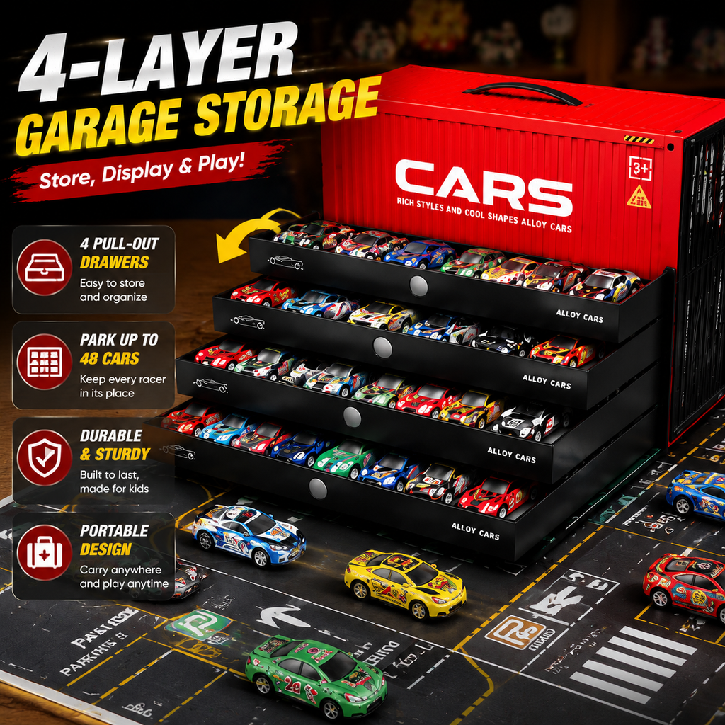 🚗 48PCS Pull-Back Alloy Racing Car Set | 4-Layer Garage Storage & Racing Track Play Mat 🎁（副本）