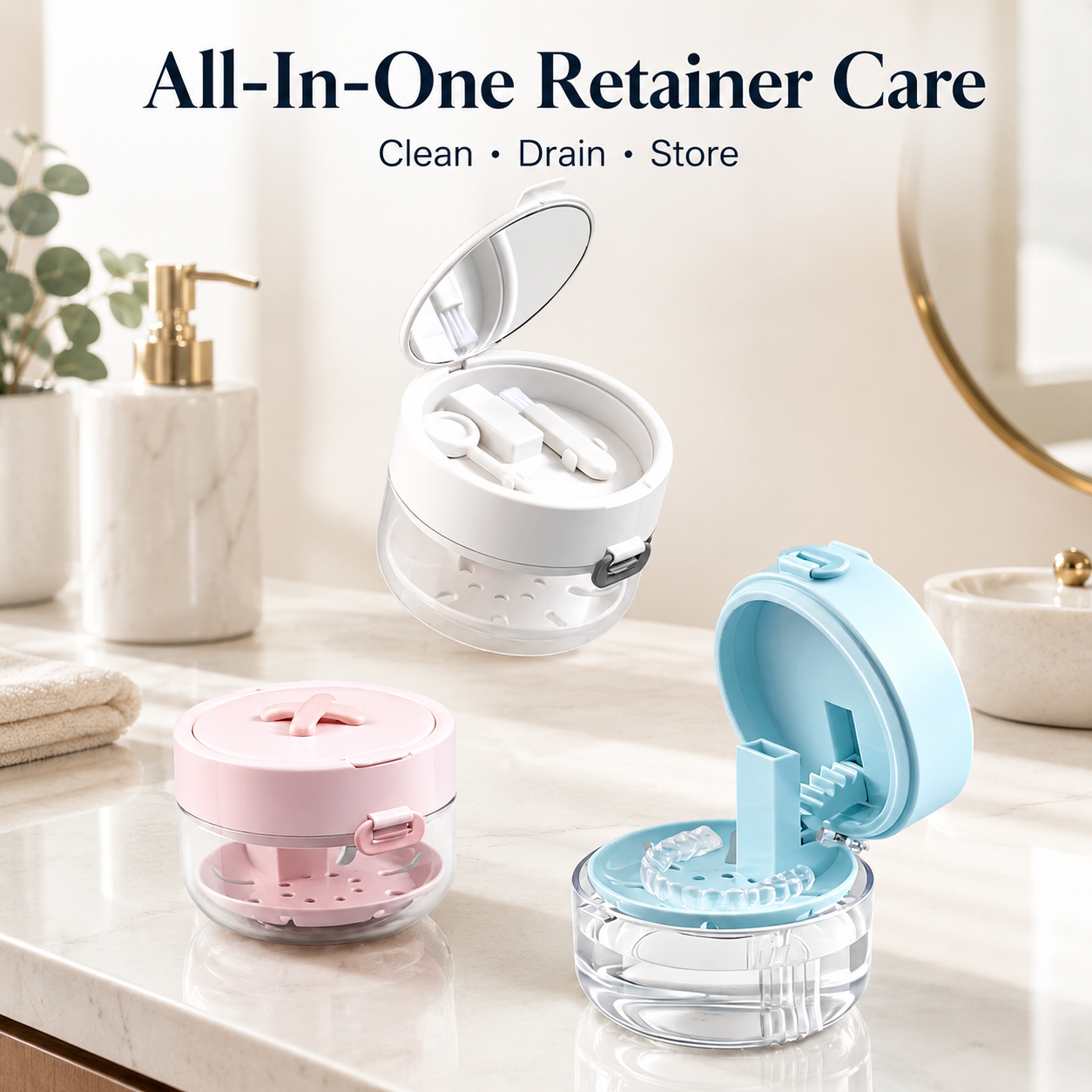 💧Retainer Cleaner Case with Mirror, Brush & Drain Tray