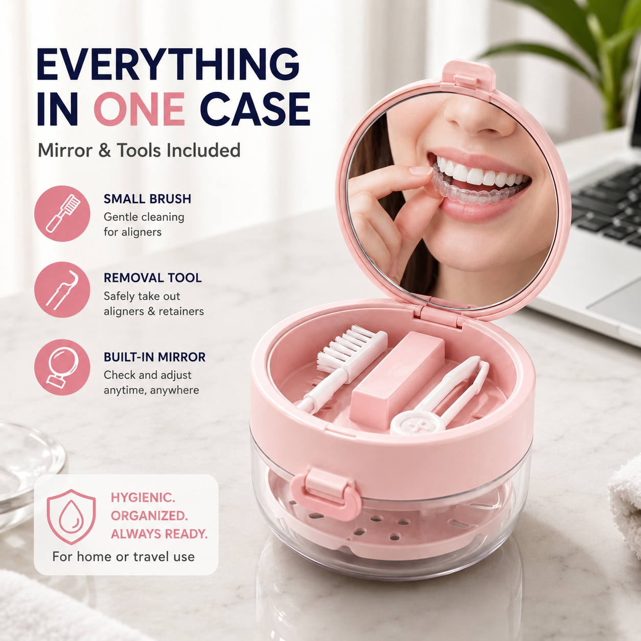 💧Retainer Cleaner Case with Mirror, Brush & Drain Tray
