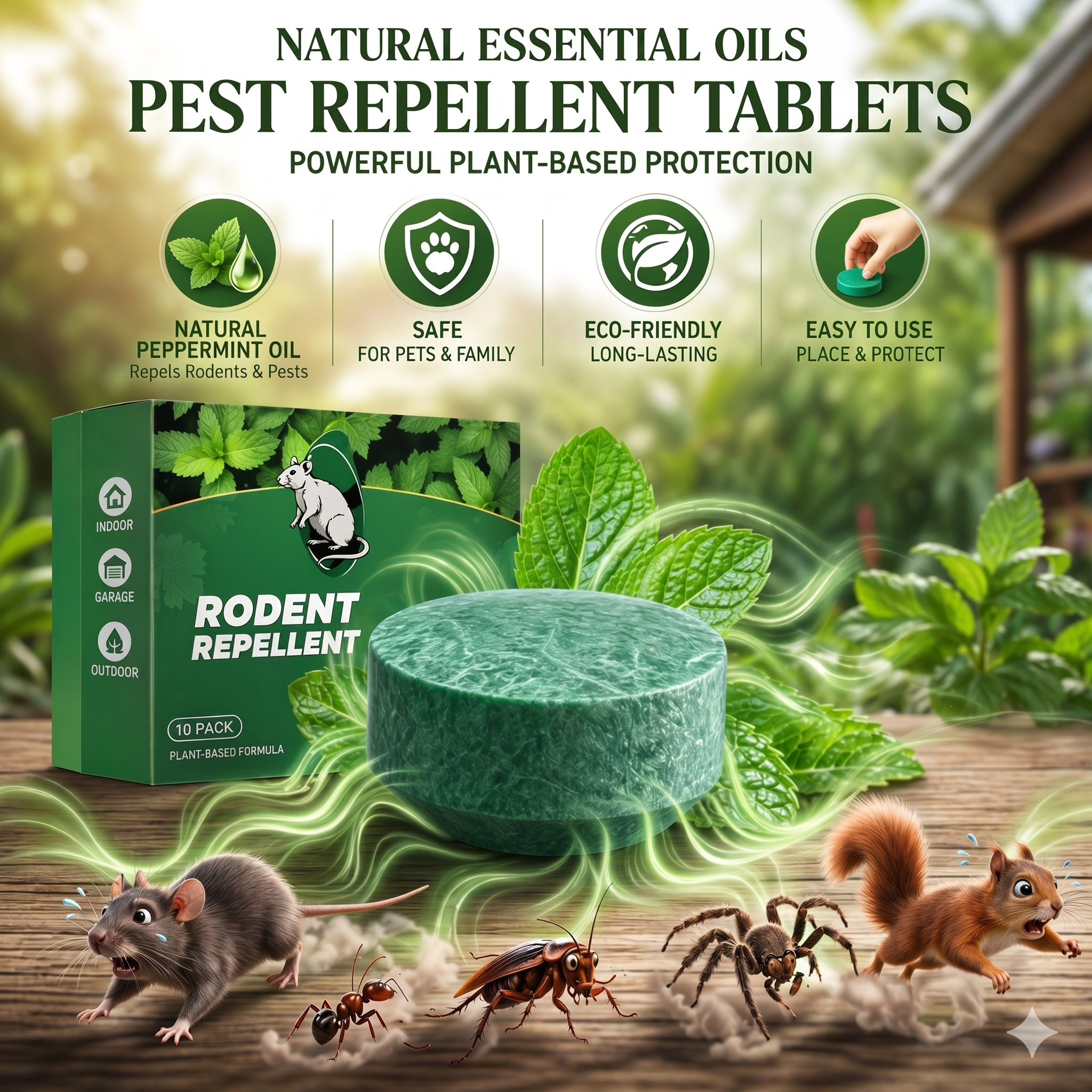 🟢 Natural Peppermint Rodent Repellent Tablets – 12 Pack