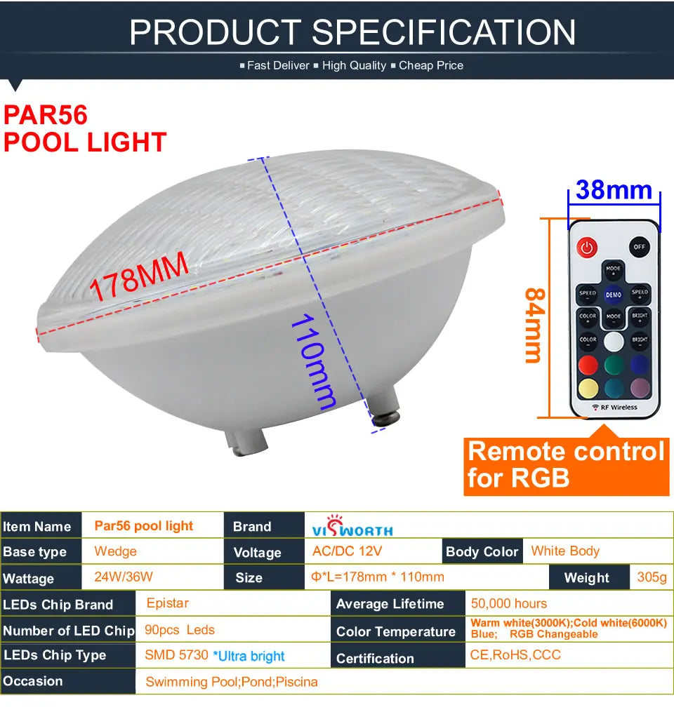 RGB Pool Light Par56 Luz Piscina 24W 36W Underwater Led Lamp Ip68 Waterproof Pond Lights 12V Led Light replace Halogen Lamp