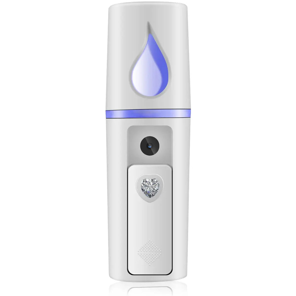 White handheld device with a blue droplet symbol on a white background