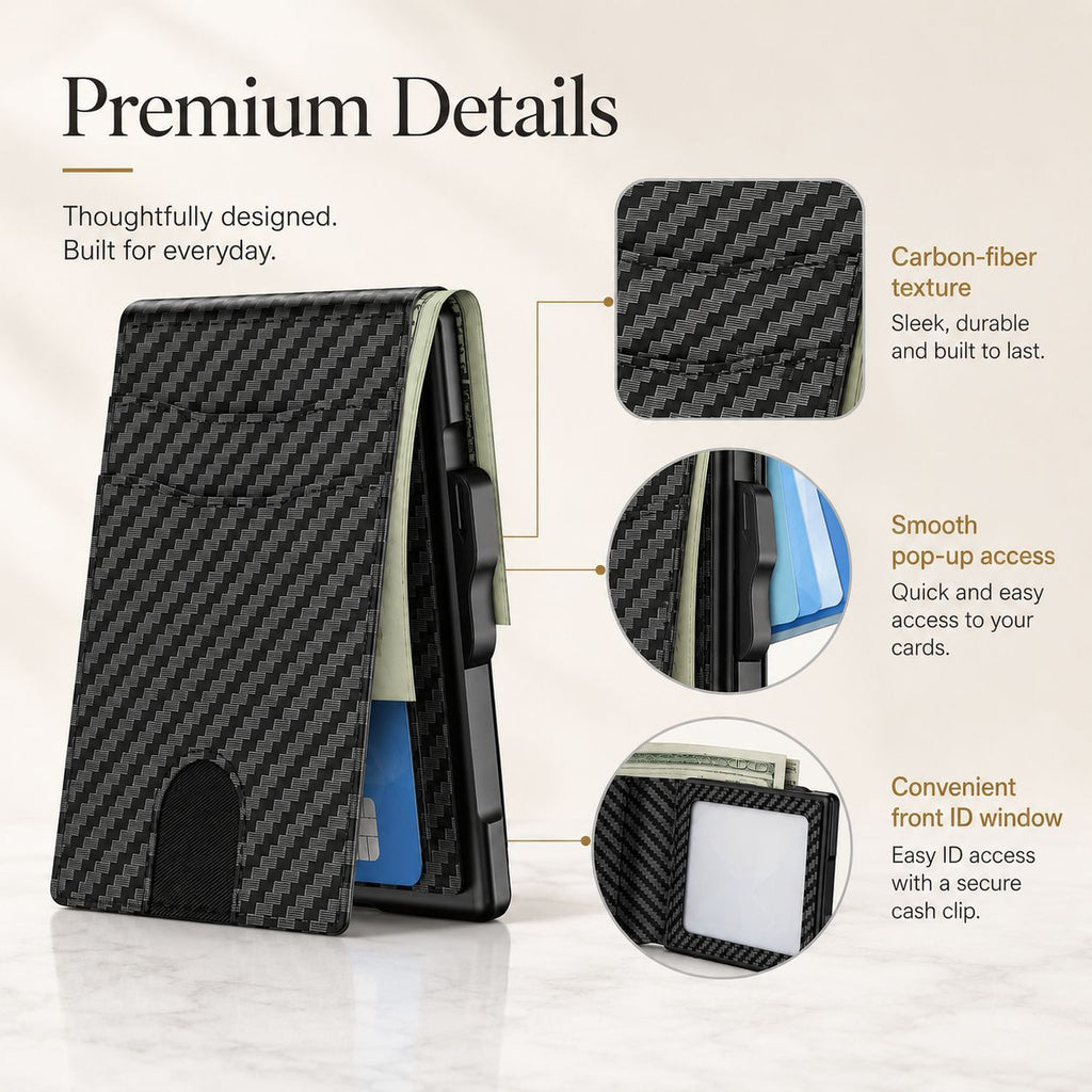 ✨New Wallet for Men - Pop Up Case, Cash Slot, and Credit Card Slot - Aluminum Wallet with RFID Blocking, Minimalist Leather Wallet Front Pocket with ID Window