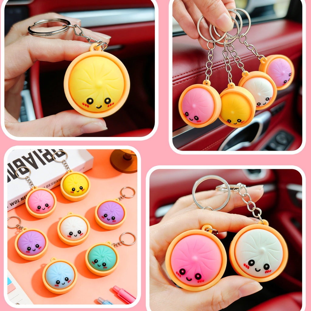 🥟6PS Cute Steamed Bun Keychain – Funny Cartoon PVC Charm for Keys, Bags & Phones
