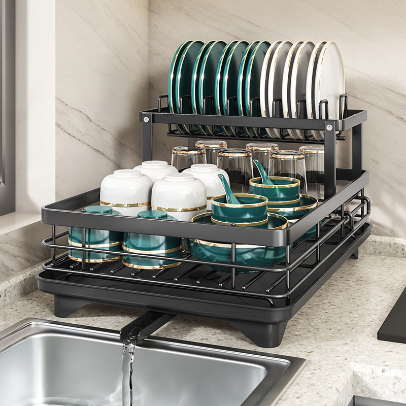 Foldable Over Sink Dish Drying Rack｜Pull-Out 2-Tier Dish Drainer with Utensil Holder｜Space Saving Kitchen Organizer for Small Kitchens