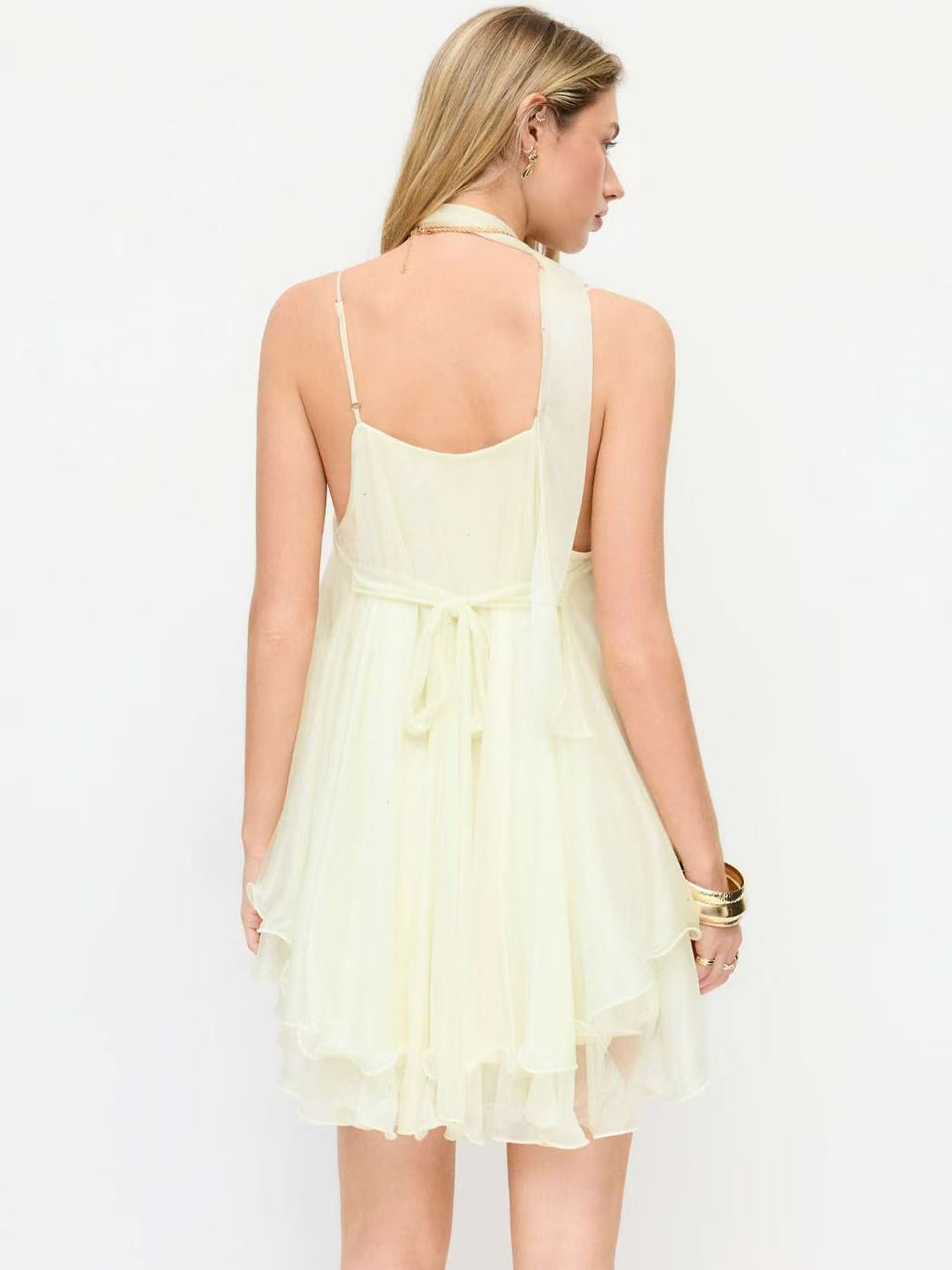 Cider V-Neck Halter Ruffled Tulle Glitter Mini Dress for Women