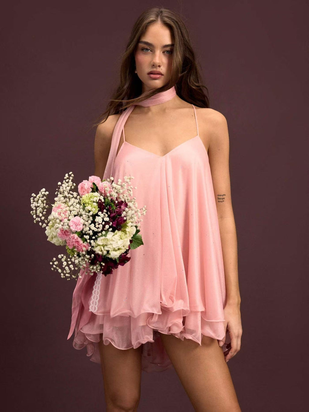 Cider V-Neck Halter Ruffled Tulle Glitter Mini Dress for Women
