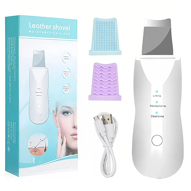 Skincare device with packaging, attachments, and USB cable on a white background