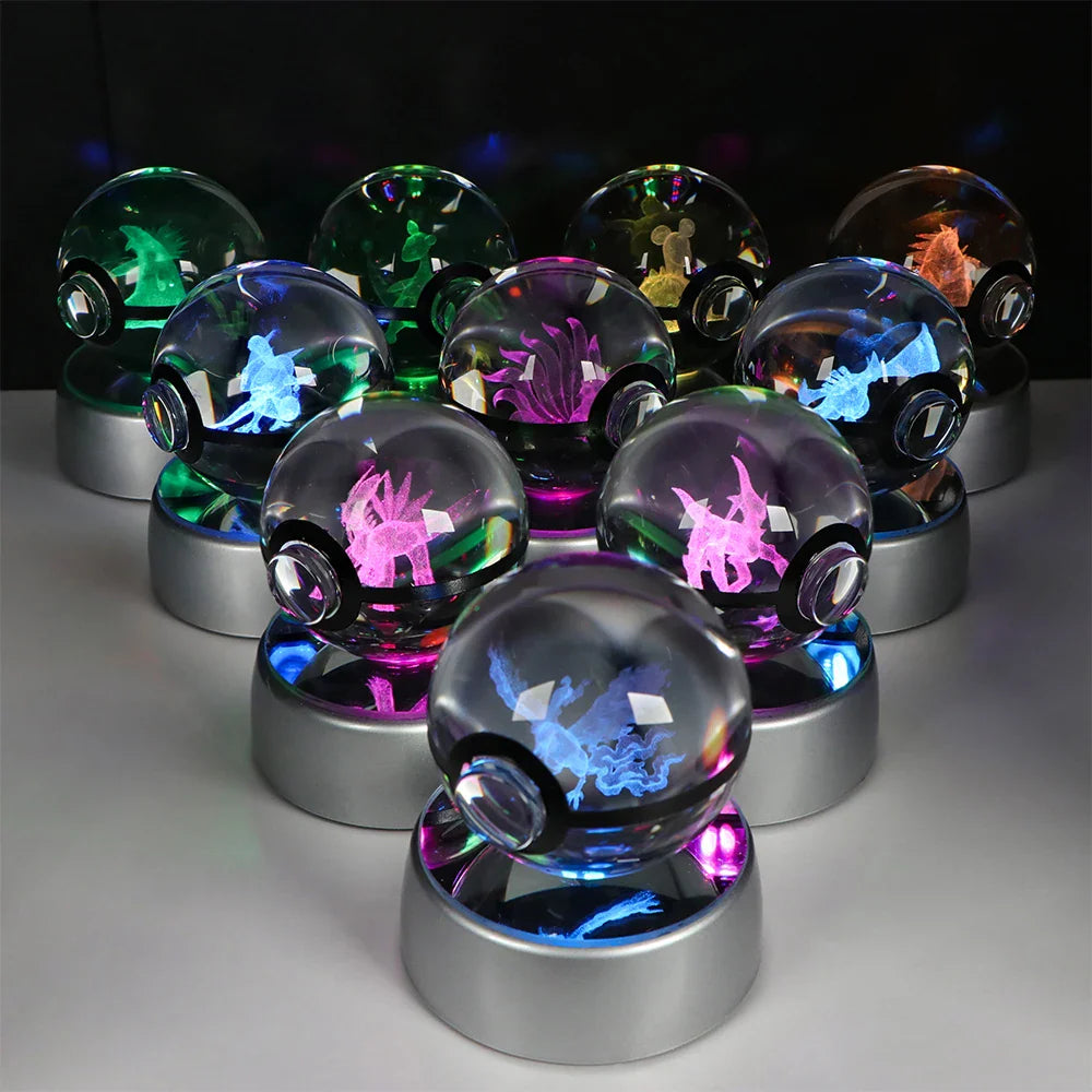 Pokemon Crystal Ball Pikachu Gengar Eevee Mewtwo Lacario Anime Game Pokeball Led Night Light Base Kids Birthday Gift Home Decor