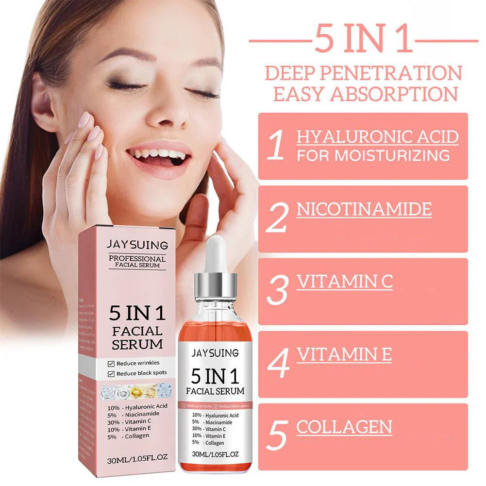 5 In 1 Facial Serum with Hyaluronic Acid, Niacinamide & Vitamin C，Anti-Aging Serum for Wrinkles, Deep Hydrating Skin Essence for All Skin Types