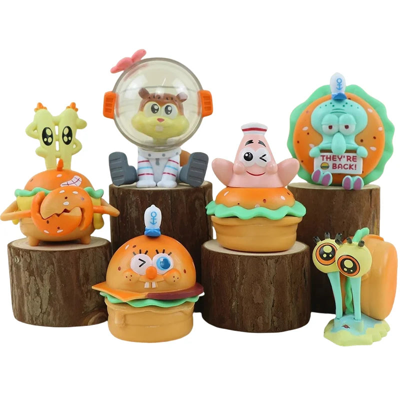 Spongebob Patrick Star Squidward Tentacles Delicious Crab Burger Anime Figure Collection Model Doll Blind Box Toys Children Gift