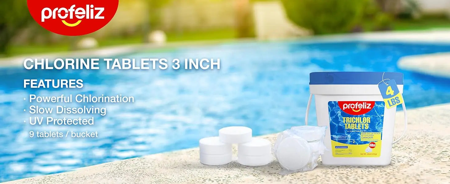 PROFELIZ Chlorine Tablets 3 Inch for Swimming Pools, Kills Bacteria and Stops Algae, Slow Dissolving,Pool Chlorine Tablets,4lbs