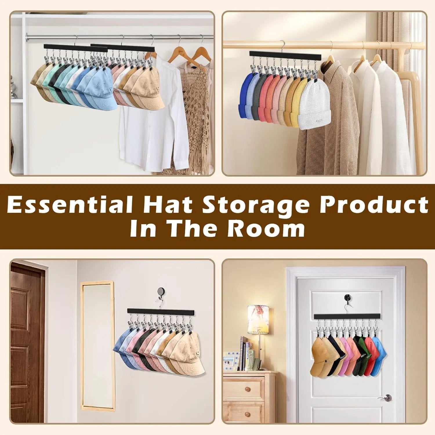 Wooden Hat Organizer with 12 Stainless Steel Clips Holds