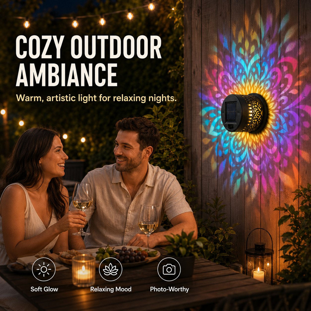 🌙Solar Mandala Wall Light Outdoor Garden Fence Projector Lamp Patio Ambient Decor