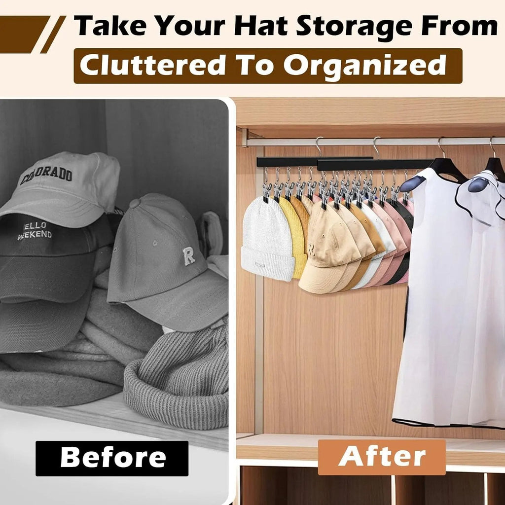 Wooden Hat Organizer with 12 Stainless Steel Clips Holds