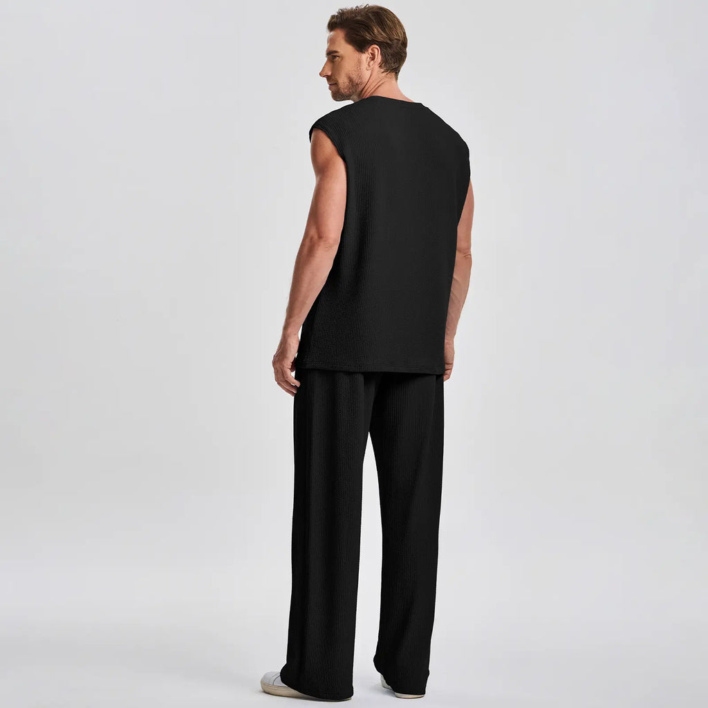 Mens 2 Piece Rib Knit Sweatsuit Summer Sleeveless Tank Top Baggy Wide Leg Pants Set Vacation Beach Outfit for Men