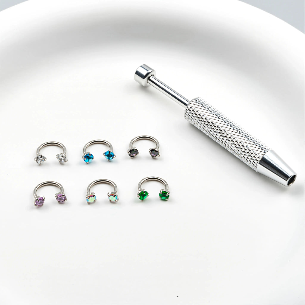 6pcs Value Pack 316L medical-grade titanium steel 18G 1.0mm Horseshoe Nose Hoop Internally Threaded Gems Nose Ring with Free Ball Holder & Guiding Needle